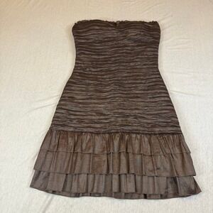 Daisy Strapless Ruched Tiered Ruffle Dress Brown‎ Metallic Size M holiday party